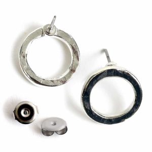 Earring Post Open Hammered Small Circle<br>Sterling Silver Plate
